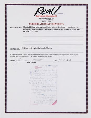 Lot #703 Prince Handwritten Piano Medley Rehearsal Notes from the 1988 Lovesexy Tour - From the Collection of Prince's Former Guitar Tech - Image 2