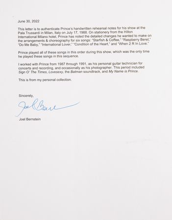 Lot #703 Prince Handwritten Piano Medley Rehearsal Notes from the 1988 Lovesexy Tour - From the Collection of Prince's Former Guitar Tech - Image 3