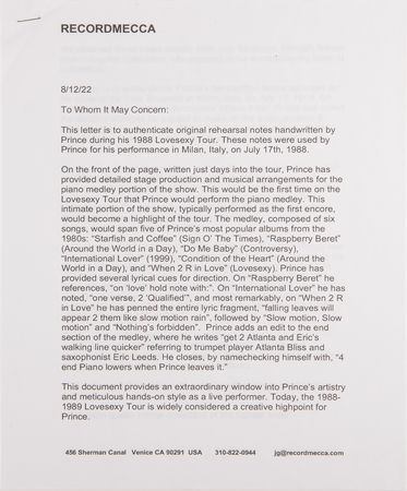 Lot #703 Prince Handwritten Piano Medley Rehearsal Notes from the 1988 Lovesexy Tour - From the Collection of Prince's Former Guitar Tech - Image 4