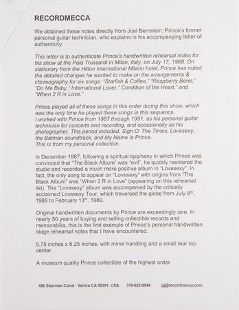 Lot #703 Prince Handwritten Piano Medley Rehearsal Notes from the 1988 Lovesexy Tour - From the Collection of Prince's Former Guitar Tech - Image 5