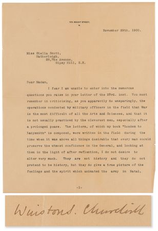 Lot #211 Winston Churchill Early Typed Letter Signed on the Art of War and His Book, London to Ladysmith via Pretoria - Image 1