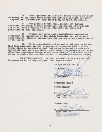 Lot #701 Carl Perkins Twice-Signed Music Contract - Image 1