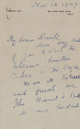 Lot #255 Clementine Churchill Autograph Letter Signed on the Tragic Death of John Winant - Image 1