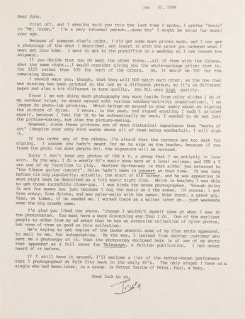 Lot #628 Bob Dylan: Irwin Gooen (3) Typed Letters Signed and (2) Photographic 'Folk City' Prints - Image 4