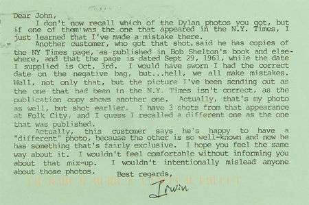 Lot #628 Bob Dylan: Irwin Gooen (3) Typed Letters Signed and (2) Photographic 'Folk City' Prints - Image 7