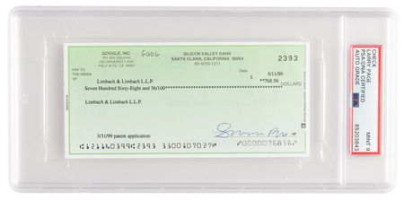Lot #6277 Google: Larry Page Signed Check for Patent Application - PSA MINT 9 - Image 1