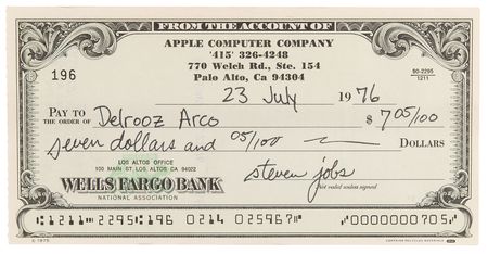 Lot #6002 Steve Jobs Signed 1976 Apple Computer Company Check - PSA GEM MT 10 - Image 2