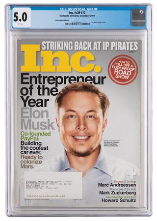 Lot #6304. Elon Musk: Inc. Magazine from December 2007 - CGC 5.0 (WHITE Pages)