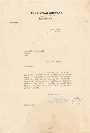 Lot #376 F. L. Maytag Typed Letter Signed