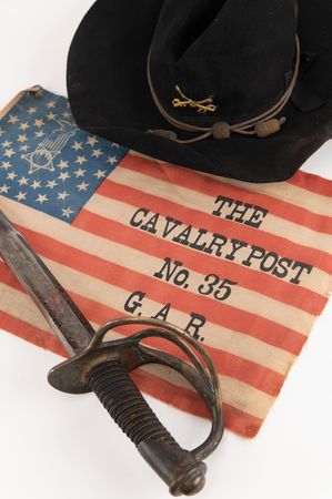 Lot #39 Civil War: Pvt. John L. Seitzinger's M1840 Saber, Cavalry Hat, and Cavalry Post G.A.R. Flag - Image 1