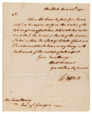 Lot #6 Thomas Jefferson Letter Signed as Secretary of State, Transmitting an Act of Congress Organizing Rhode Island's US District Court, Weeks After Ratification of the Constitution - Image 1