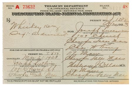 Lot #393 Prohibition: 1923 Liquor Prescription for