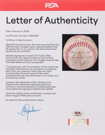 Lot #864 Brooklyn Dodgers: 1949 Team-Signed Baseball with Jackie Robinson, Roy Campanella, and Gil Hodges - Image 6