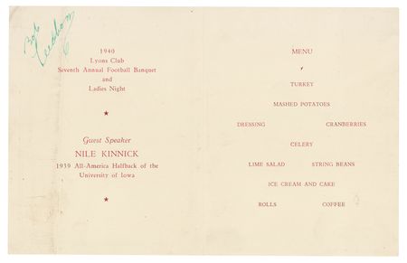 Lot #853 Nile Kinnick Rare Signed Menu - Image 2