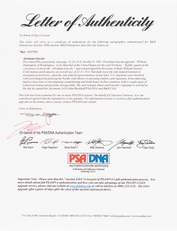 Lot #21 Abraham Lincoln Document Signed as President, Appointing a US Marshal for the Washington Territory - Image 4