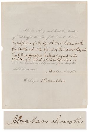 Lot #19 Abraham Lincoln Document Signed as President for a Treaty Settling Claims of the Hudson Bay Company - Image 1