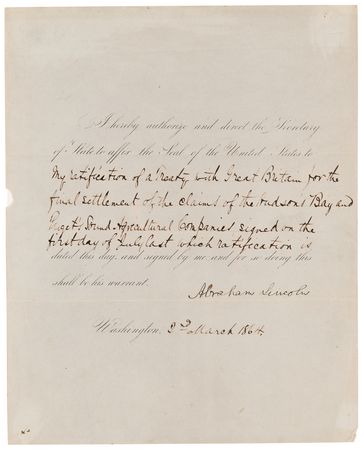 Lot #19 Abraham Lincoln Document Signed as President for a Treaty Settling Claims of the Hudson Bay Company - Image 2