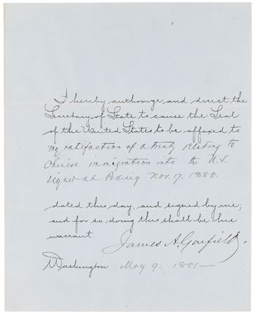 Lot #69 James A. Garfield Document Signed as President for the Ratification of ?a treaty relating to Chinese immigration? - Image 2