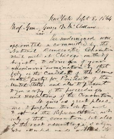 Lot #40 [George B. McClellan]: DNC Letter to McClellan, Informing of His Nomination for President in 1864 - Image 1