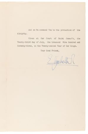 Lot #244 Queen Elizabeth II Document Signed on the Recall of a Jamaican Diplomat - Image 2