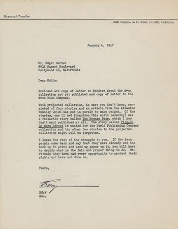 Lot #605 Raymond Chandler Typed Letter Signed on