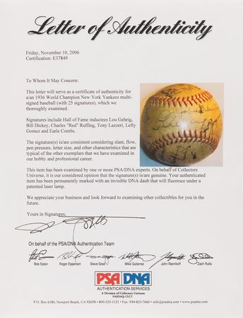 Lot #854 NY Yankees: 1936 Team-Signed Baseball with Lou Gehrig, Tony Lazzeri, and Joe DiMaggio - Image 7