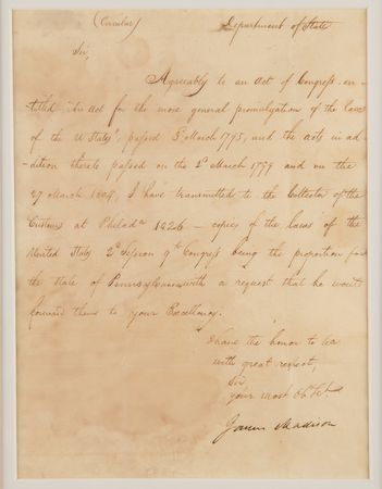 Lot #8 James Madison and James Monroe (2) Letters Signed as Secretary of State - Laws of the United States and War of 1812 - Image 2
