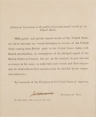 Lot #8 James Madison and James Monroe (2) Letters Signed as Secretary of State - Laws of the United States and War of 1812 - Image 4