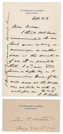Lot #380 Levi P. Morton (2) Signed Items as Vice