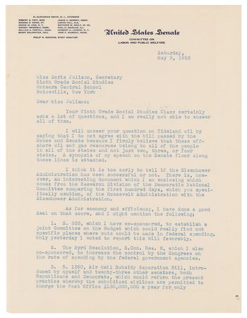 Lot #78 John F. Kennedy Typed Letter Signed as a Massachusetts Senator, Listing His Efforts on Economy and Efficiency - 