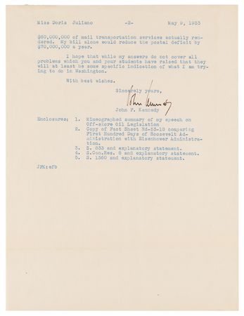 Lot #78 John F. Kennedy Typed Letter Signed as a Massachusetts Senator, Listing His Efforts on Economy and Efficiency - 