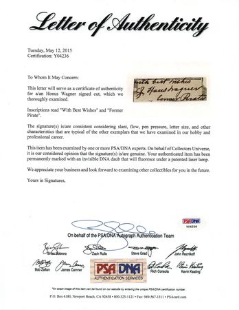 Lot #875 Honus Wagner Signature as 