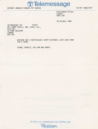 Lot #390 Princess Diana and King Charles III Birthday Telegram for Sir Jimmy Savile (1986) - Image 1