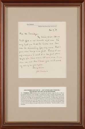 Lot #621 John Steinbeck Autograph Letter Signed: 