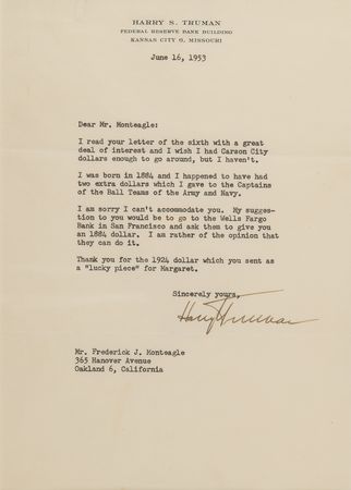 Lot #184 Harry S. Truman (2) Typed Letters Signed on Morgan Dollars - Image 2