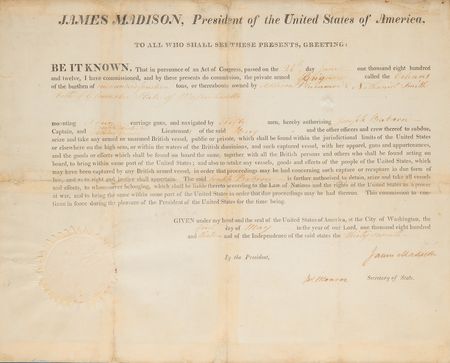Lot #9 James Madison and James Monroe Document Signed - War of 1812 Letter of Marque for a Privateer - Image 2