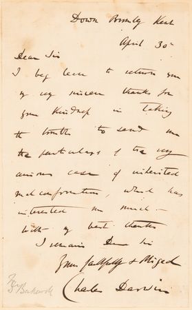 Lot #280 Charles Darwin Autograph Letter Signed on 