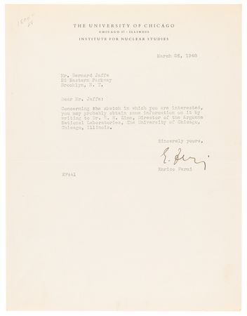 Lot #290 Enrico Fermi Typed Letter Signed on Institute for Nuclear Studies Letterhead - Image 1