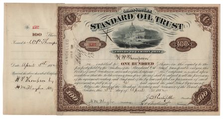 Lot #273 John D. Rockefeller, Henry Flagler, and Jabez A. Bostwick Signed Stock Certificate for Standard Oil - Image 1