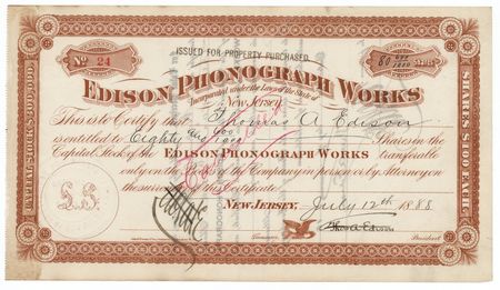 Lot #281 Thomas Edison Twice-Signed Stock Certificate for Edison Phonograph Works - Image 1
