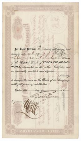Lot #281 Thomas Edison Twice-Signed Stock Certificate for Edison Phonograph Works - Image 2