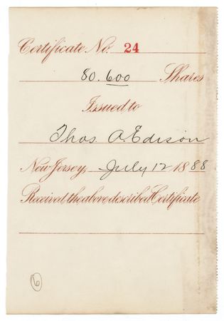 Lot #281 Thomas Edison Twice-Signed Stock Certificate for Edison Phonograph Works - Image 3