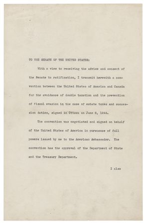 Lot #75 Franklin D. Roosevelt Document Signed as President - Forwarding a U.S.-Canada Convention for Senate Approval - Image 1
