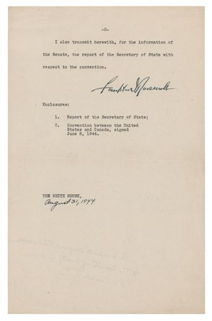 Lot #75 Franklin D. Roosevelt Document Signed as President - Forwarding a U.S.-Canada Convention for Senate Approval - Image 2
