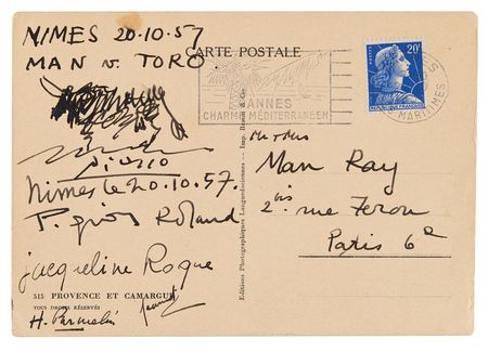 Lot #512 Pablo Picasso Signed Sketch on Postcard to Man Ray - 