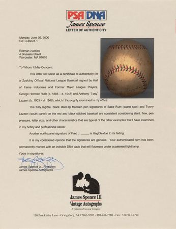 Lot #855 Babe Ruth and Tony Lazzeri Signed Baseball - Image 2