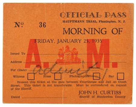 Lot #372 Lindbergh Kidnapping: Juror Robert Cravatt Letter Collection and Rare “Official Pass