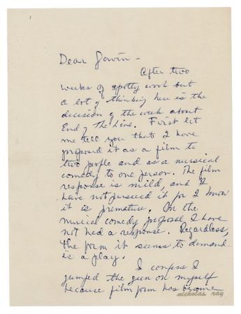 Lot #823 Nicholas Ray Autograph Letter Signed to His Lover, Gavin Lambert: 