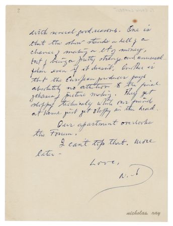 Lot #823 Nicholas Ray Autograph Letter Signed to His Lover, Gavin Lambert: 
