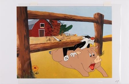 Lot #560 Sylvester and pig production cel from the Looney Tunes short 'Too Hop to Handle' - Image 2